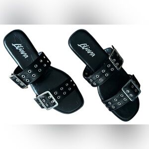 NIB 💕 Liliana Robin-3 Black Punk Slide Sandals Buckles Slides SIZE 8.5